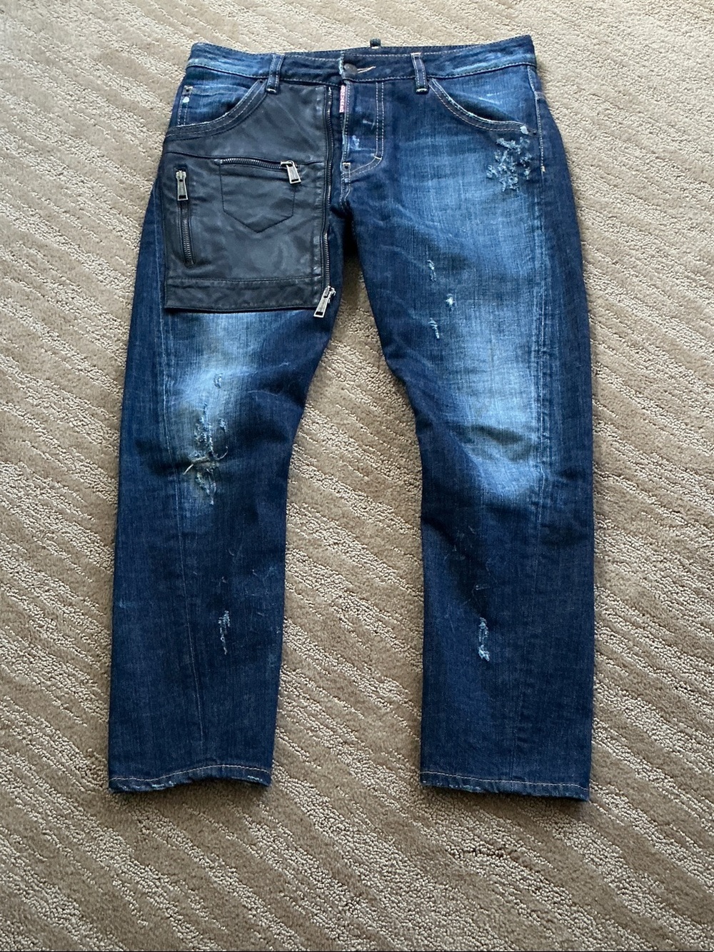 DSQUARED2 Dark Blue Straight Jeans Black leather utility patch size 40IT/30US